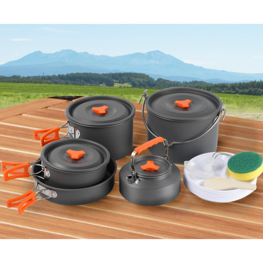 Набор туристической посуды (2 кастрюли с крышкой, котелок, сковорода, чайник, 6 тарелок, ложка, черпак и губка) BRS-157, алюминий
